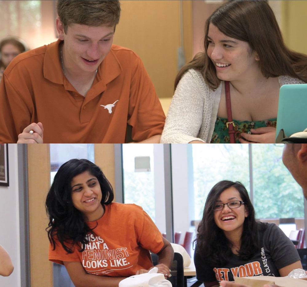 Top: 2 students smiling at a table, Bottom: 2 students smiling at the camera