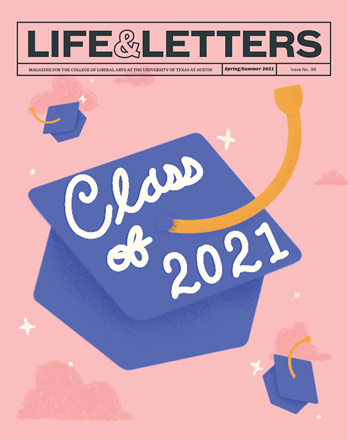 Life & Letters spring/summer 2021 cover with pink background and graduation cap illustration.
